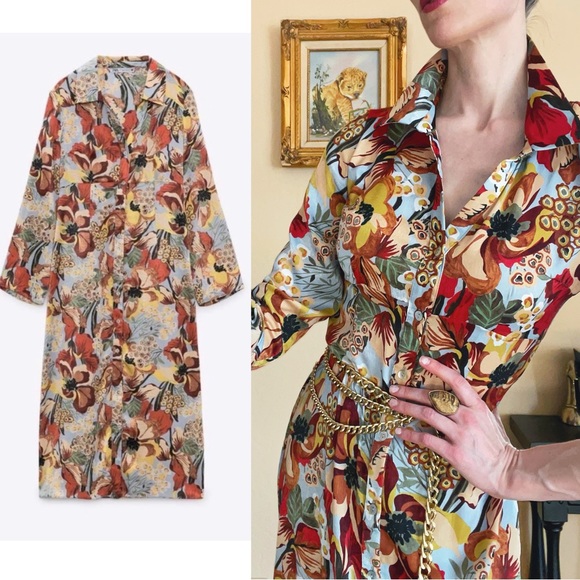 ZARA Blue Silky Satin Floral Printed Long Sleeve Button Down Midi Shirt Dress - Picture 16 of 17